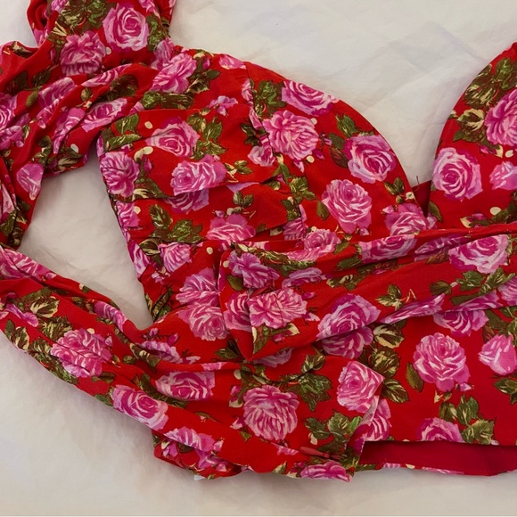 NWT ZARA Floral Print Crop/Midriff Top/Blouse  Red XS - Picture 6 of 7